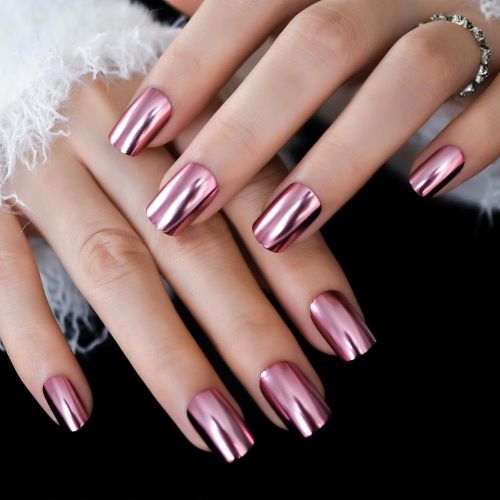 Glossy Metallic Pink Squoval Press-On Nails - Reusable Acrylic Nail Tips for Daily Wear