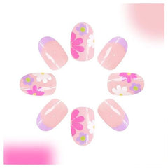 Flower Press-On Nails | Short Almond French Tip Fake Nails | Colorful Floral Acrylic Nails | Nude Pink Full Cover Glue-On Nails | 24 Pcs Set