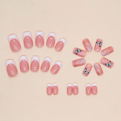 24Pcs French Butterfly Press-On Nails – Medium Length, Square & Coffin, White Tips & Nude Pink Base