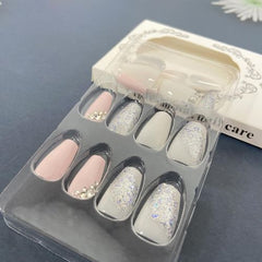 Silver Glitter Press-On Nails with Rhinestones – Medium Square, Pink & White, Reusable Glue-On Kit for Women & Girls