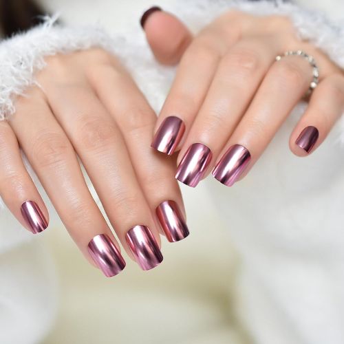 Glossy Metallic Pink Squoval Press-On Nails - Reusable Acrylic Nail Tips for Daily Wear