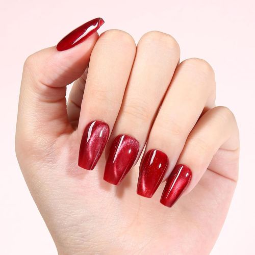 Reusable Cat Eye Press On Nails – Red Glitter Coffin Shape, 10Pcs with Nail Ki