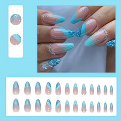 Almond French Press-On Nails – Blue Glitter Gradient with Rhinestones, Full Cover Acrylic, 24 Pcs