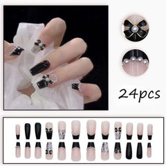 lack Bow & Pearl Coffin Press-On Nails | Medium Length – 24PCS Reusable