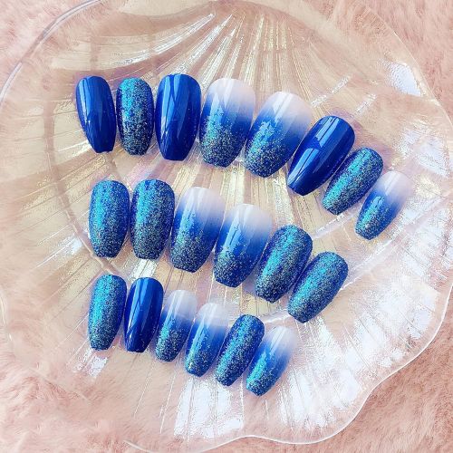 Blue Ombre Coffin Press-On Nails | Sparkly Glitter Ballerina Design – 24PCS