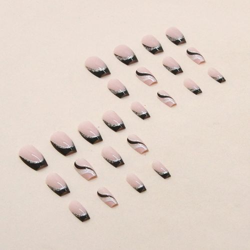 Black French Tip Press-On Nails – Silver Glitter Line, Medium Square Coffin, 24 Pcs