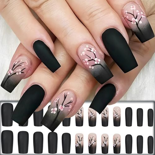 Black Gradient Winter Blossom Press-On Nails – Glossy Pink & Plum, Medium Square, 24 Pcs