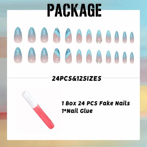 Almond French Press-On Nails – Blue Glitter Gradient with Rhinestones, Full Cover Acrylic, 24 Pcs