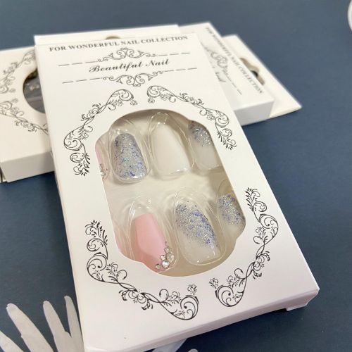 Silver Glitter Press-On Nails with Rhinestones – Medium Square, Pink & White, Reusable Glue-On Kit for Women & Girls