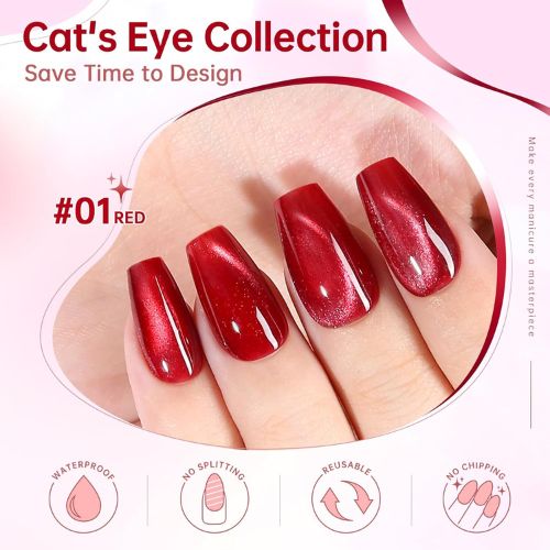 Reusable Cat Eye Press On Nails – Red Glitter Coffin Shape, 10Pcs with Nail Ki