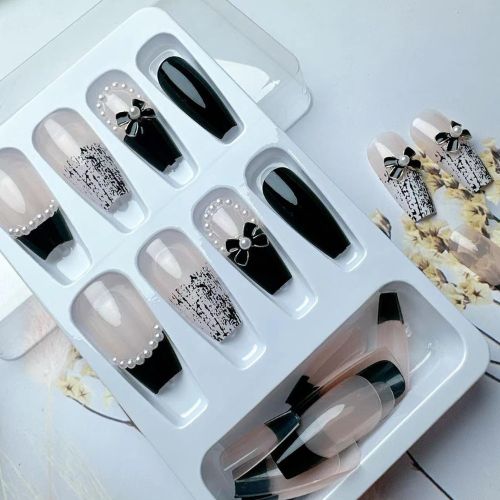 lack Bow & Pearl Coffin Press-On Nails | Medium Length – 24PCS Reusable