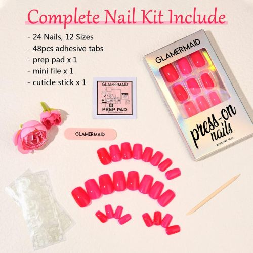 Handmade Hot Pink Gel Press-On Nails - Medium Square Shape, UV Jelly Finish, Short Acrylic Glue-On Nail Kit for Women | Easy Application Stick-On False Nails