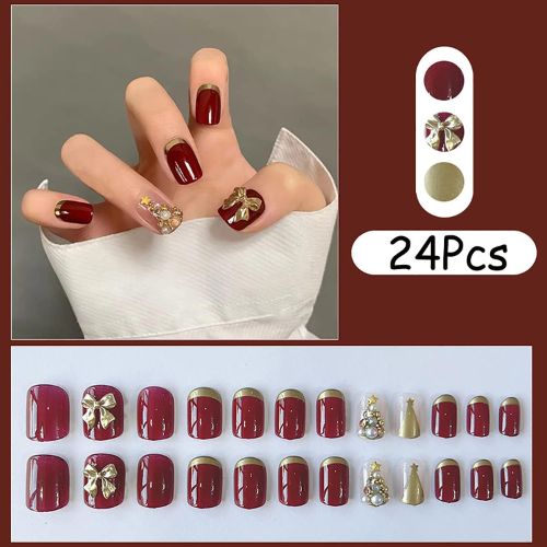 Red Square Press-On Nails with Bow & Pearl Charm - 24pcs Christmas & Holiday Nail Art