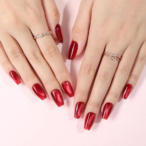 Reusable Cat Eye Press On Nails – Red Glitter Coffin Shape, 10Pcs with Nail Ki