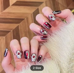 Handmade 10-Piece Nail Set, Red Gemstone Cat Eye Design, Reusable Short Square Glossy Press-On Nails for Daily and Festive Wear