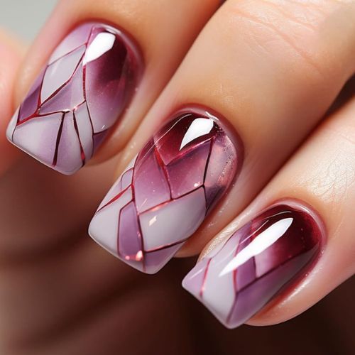 24Pcs Wine Red Square Press-On Nails – Glossy Full Cover with Broken Glass Design, Acrylic Glue-On Nails for Women, Stylish & Trendy Manicure Kit