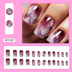 24Pcs Wine Red Square Press-On Nails – Glossy Full Cover with Broken Glass Design, Acrylic Glue-On Nails for Women, Stylish & Trendy Manicure Kit