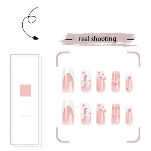 3D French Tip Press-On Nails with Pink Flowers & 5D Bowknot Design – Long Coffin & Square Acrylic Nails Kit for Women