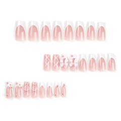 3D French Tip Press-On Nails with Pink Flowers & 5D Bowknot Design – Long Coffin & Square Acrylic Nails Kit for Women