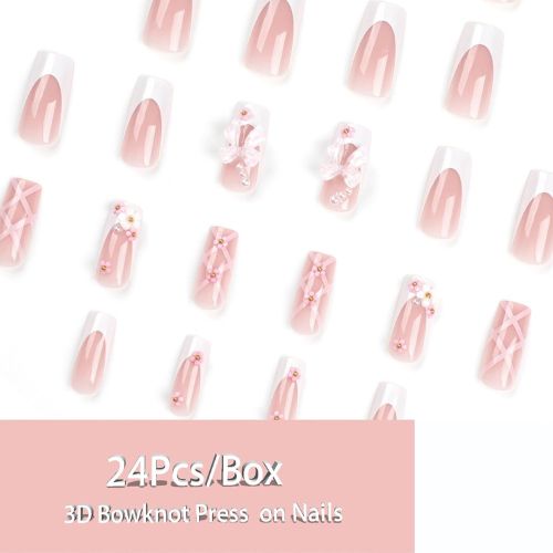 3D French Tip Press-On Nails with Pink Flowers & 5D Bowknot Design – Long Coffin & Square Acrylic Nails Kit for Women