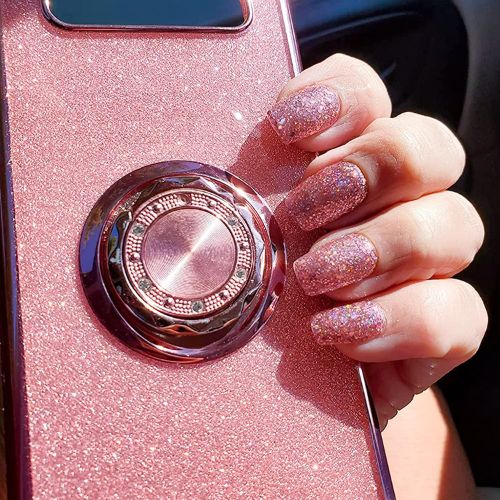 Pink Glitter Press-On Nails – Medium Square, Galaxy Star Design, Glossy Acrylic Full Cover Nails for Women