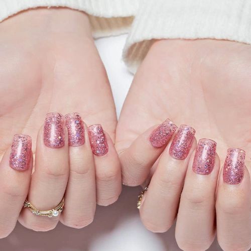 Pink Glitter Press-On Nails – Medium Square, Galaxy Star Design, Glossy Acrylic Full Cover Nails for Women