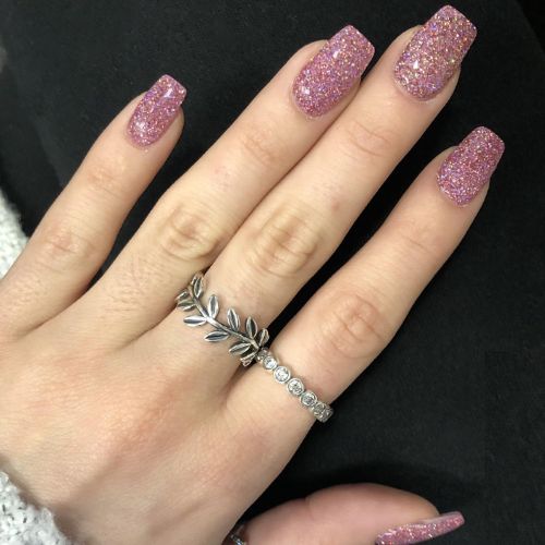 Pink Glitter Press-On Nails – Medium Square, Galaxy Star Design, Glossy Acrylic Full Cover Nails for Women