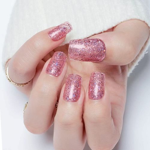 Pink Glitter Press-On Nails – Medium Square, Galaxy Star Design, Glossy Acrylic Full Cover Nails for Women