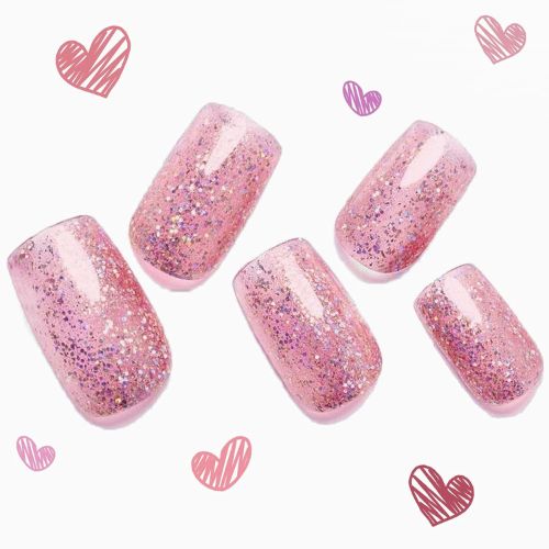 Pink Glitter Press-On Nails – Medium Square, Galaxy Star Design, Glossy Acrylic Full Cover Nails for Women