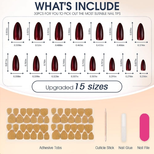 30PCS Cat Eye Almond Press-On Nails – Deep Red Sparkly Glitter Nails Valentine Nail Kit for Women